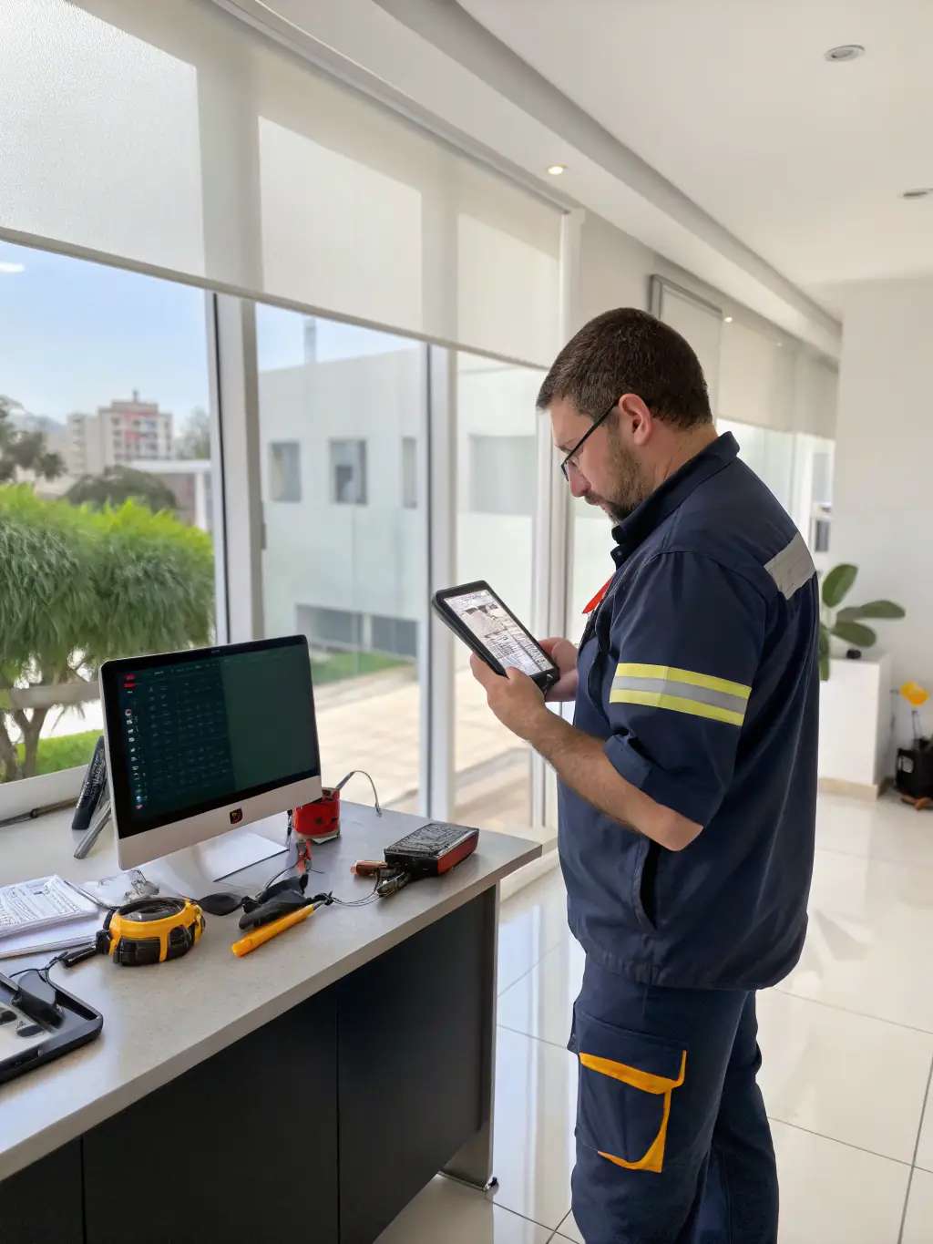 A technician using a mobile app to manage a work order, showcasing the real-time updates and efficient task management capabilities of the Facility & Technical Management Application.