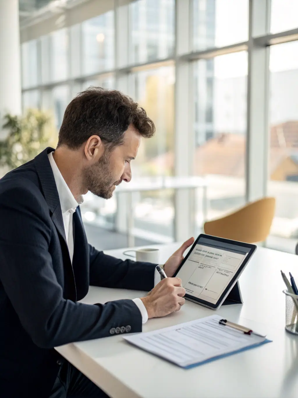 A customer using a tablet to submit a maintenance request through the Facility & Technical Management Application, with a modern office building in the background.